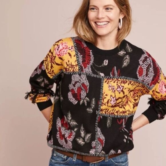 Sweaters - LAIA Tabatha Patchwork Sweater Embroidered Fringe Floral Black Pink Gold Size XL